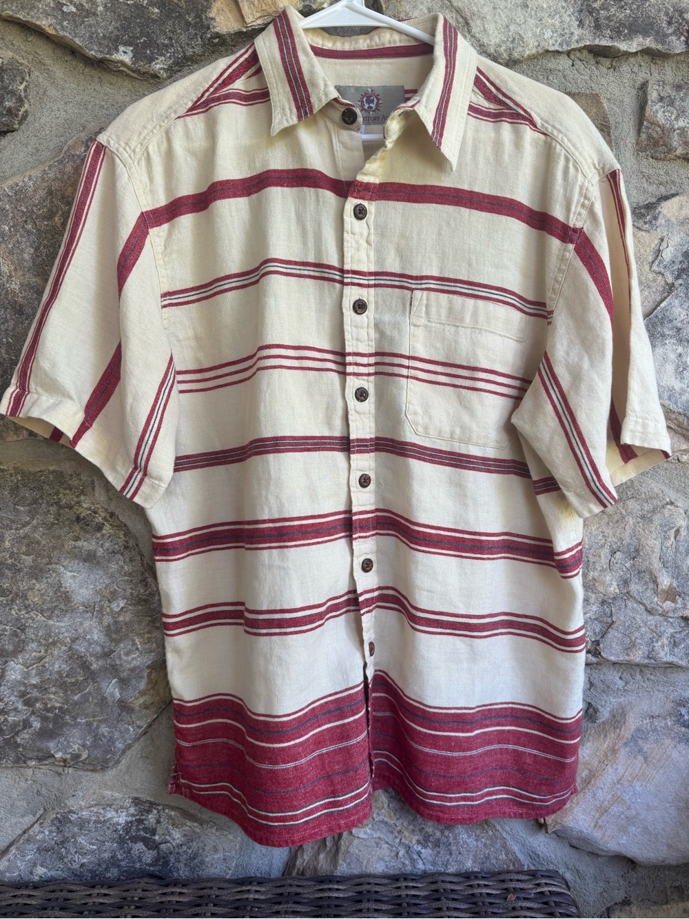 Territory Ahead Linen Blend Cream & Red Striped Short-Sleeve Button-Up Shirt Med